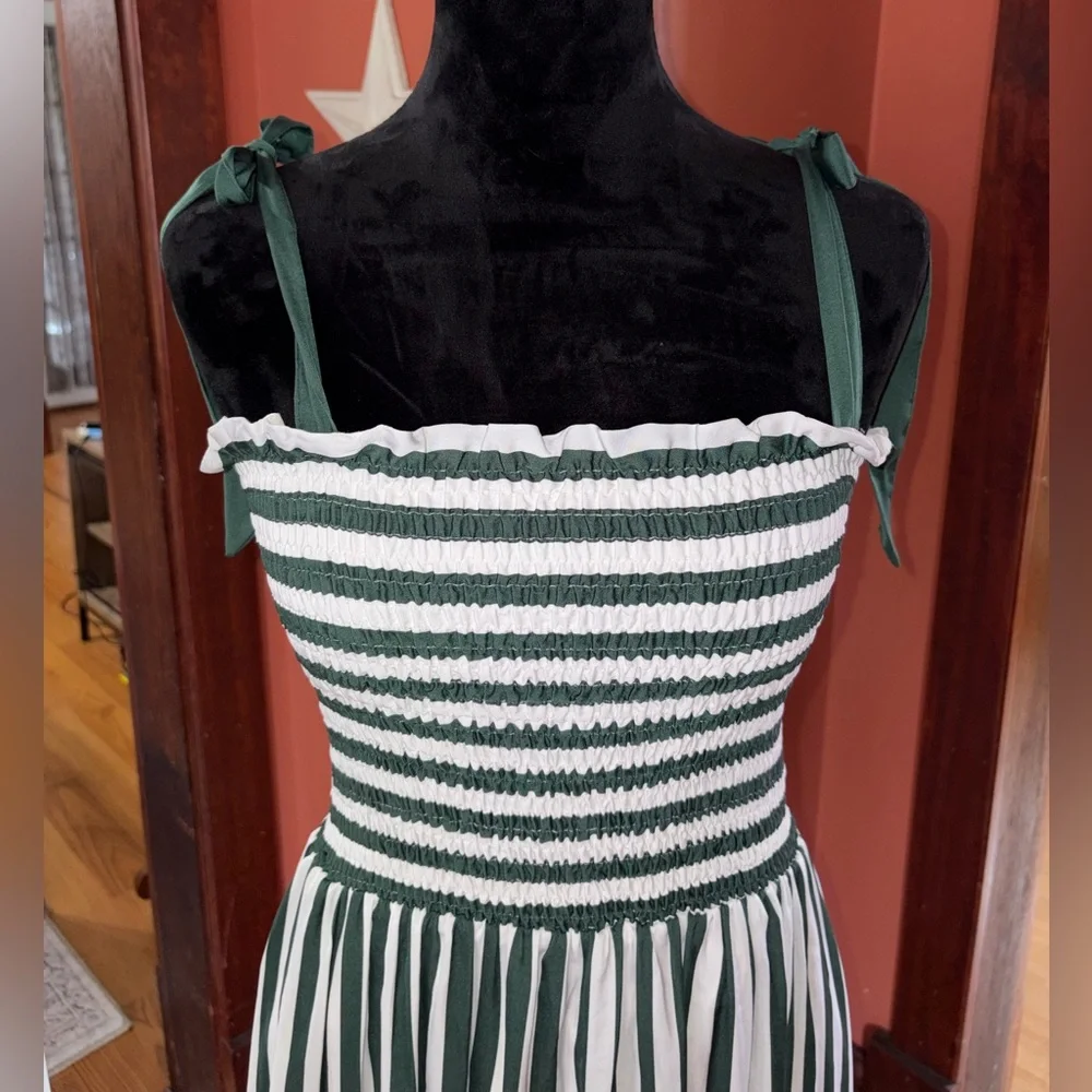 NWOT-Summersalt Green and White Striped Smocked Maxi Dress - Picture 7 of 8